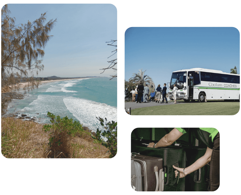 A group of images incuding Coolum beach, a coolum coaches wedding bus hired by guests and a bus driver storing luggage on a charter bus