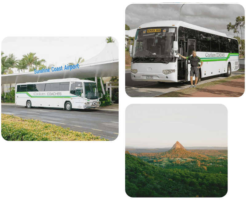 A group of images with a charter bus from Coolum Coaches outside of the Sunshine Coast airport, a bus driver leaning against a school bus and a view of the Glass House Mountains.