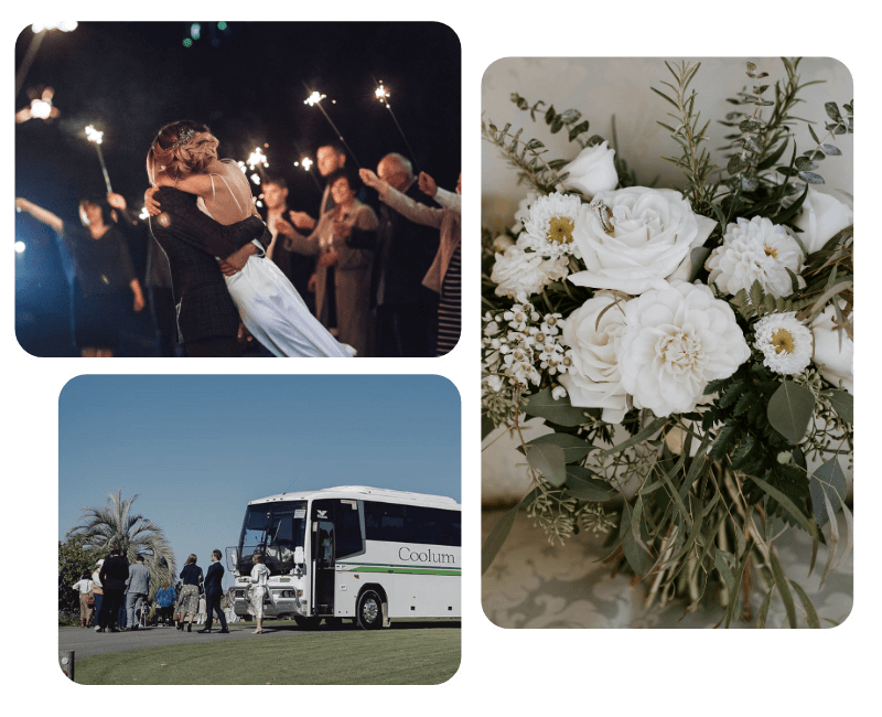 A group of images including a bride and groom hugging at their wedding, a bouquet of white flowers and a Coolum Coaches bus with wedding guests