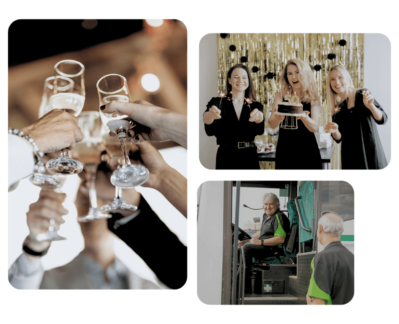 A group of photos including hands raised in a toast with champagne flutes, three woman smiling at a birthday party and a bus driver looking out through the bus door